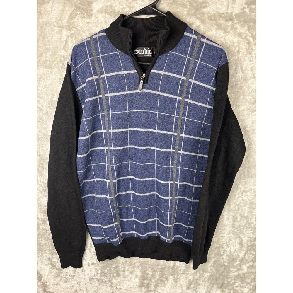 Studio by Omega 1/4 Zip‎ Sweater Mens Medium Blue Plaid Knit Pullover Casual